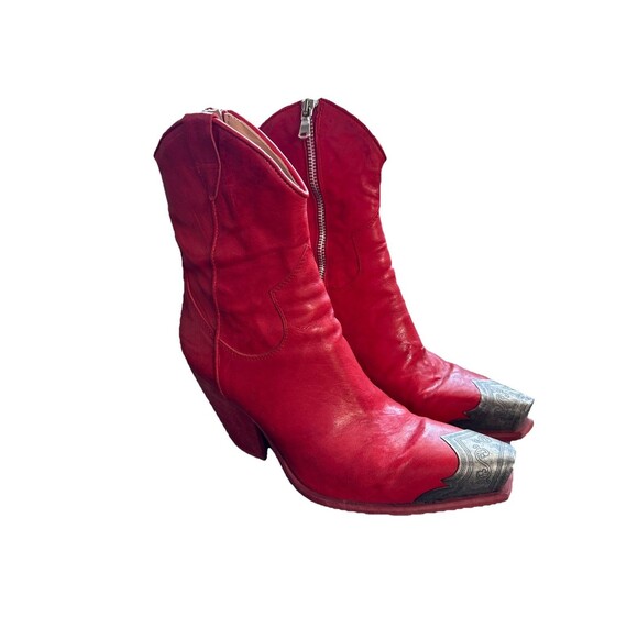 Free People Brayden Red Italian Leather Square Toe Western Cowboy Boots Size 37 - Picture 1 of 5